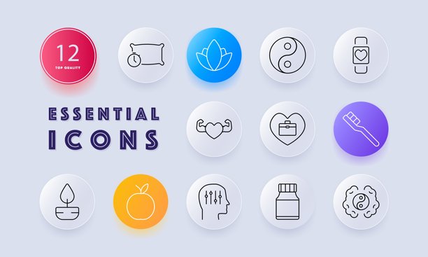 健康与养生图标集合。枕头、莲花、阴阳、智能手表、心脏健康、健康生活方式、牙刷、心理平衡、苹果和维生素瓶。图片下载