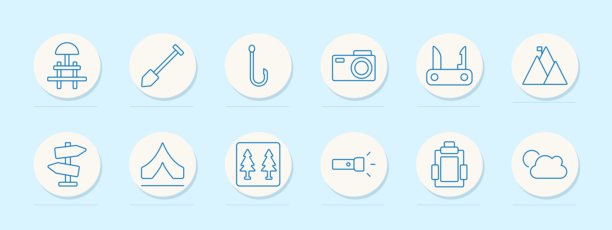 露营和户外活动图标集。野餐桌、铲子、钓鱼钩、相机、瑞士军刀、带旗帜的山脉、方向标志、帐篷、森林、手电筒、背包、云彩图片下载