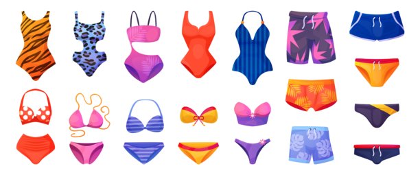 卡通游泳内衣。泳衣和游泳短裤，男女泳装，女性比基尼，男性短裤，夏季海滩服装，海滩服饰系列，时尚矢量插图图片下载