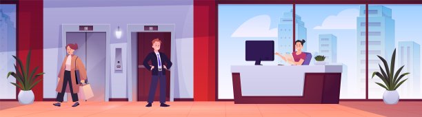 酒店或公司大堂和接待场景，人等待电梯的矢量平面插图，大厅内部装修图片下载