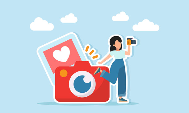 女性摄影师在相机和照片画廊附近进行拍摄，展示了一个美妆博主的个人品牌形象，配有爱心图标插图。图片下载