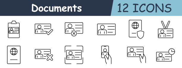 文件集图标。剪贴板、身份证、护照、验证、批准、拒绝、个人资料、照片、身份、访问、凭证图片下载
