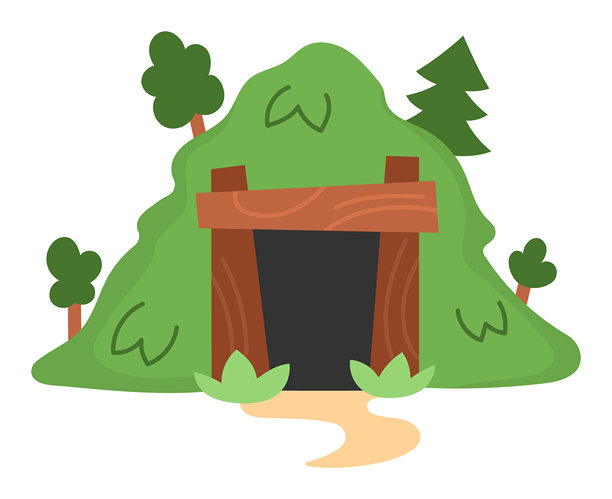 绿色山丘上的门。矮人矿井入口插图。侏儒采矿洞穴剪贴画。幻想森林或山地插图。魔法童话图标，背景为白色。图片下载