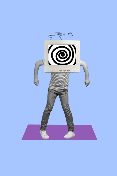 垂直照片拼贴，匿名男子的头部被电脑显示器屏幕替代，催眠概念，洗脑大众媒体，背景为涂鸦风格。图片下载