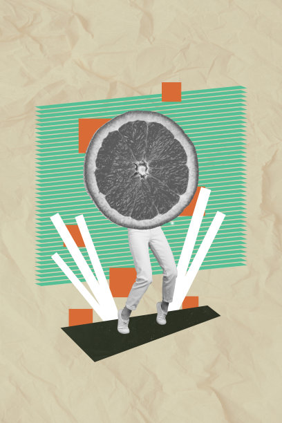 独特的杂志图片素描拼贴，柑橘切片代替女性身体，独立创意背景图片下载