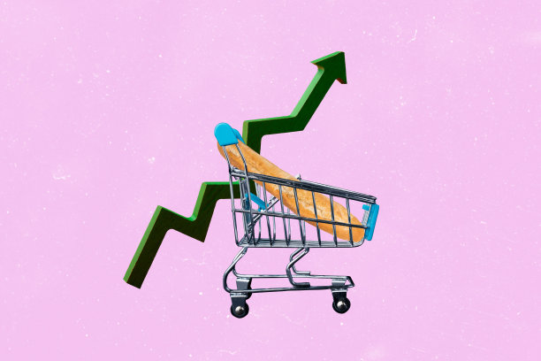 杂货店通货膨胀箭头价格高消费主义法棍面包购物的拼贴照片，背景为涂鸦风格。图片下载