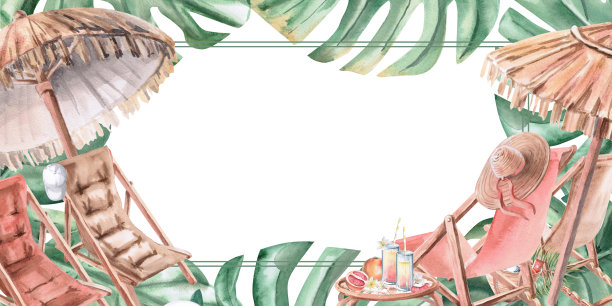 以夏季假期为主题的矩形框架。孤立的水彩插图，包含沙滩伞和椅子，绿色叶子可用于装饰夏季菜单、照片和派对邀请函。图片下载