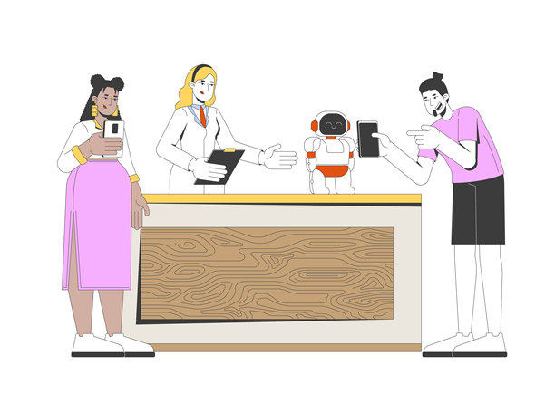 多元化的Z世代参与者在科学博览会展位拍摄机器人的照片，2D卡通角色图片下载