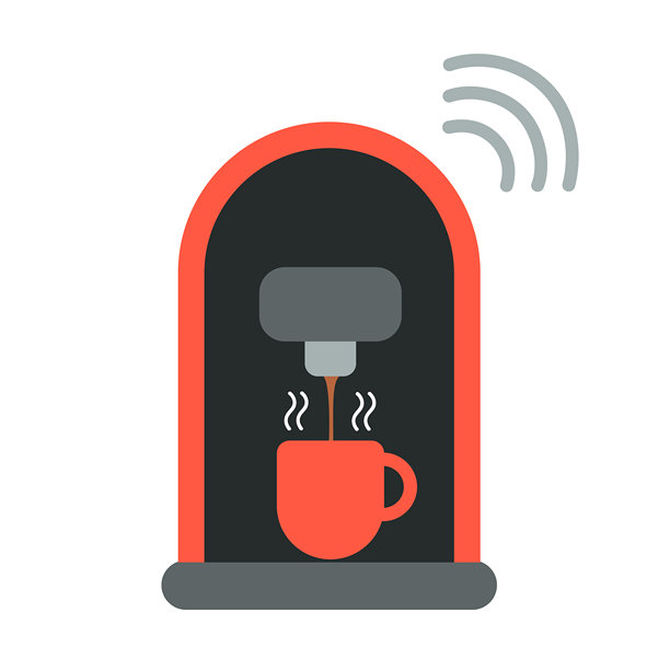 咖啡提取机自动化或饮品胶囊，带有无线技术图标，代表创新的未来智能家居和日常生活中的人工智能助手技术图片下载