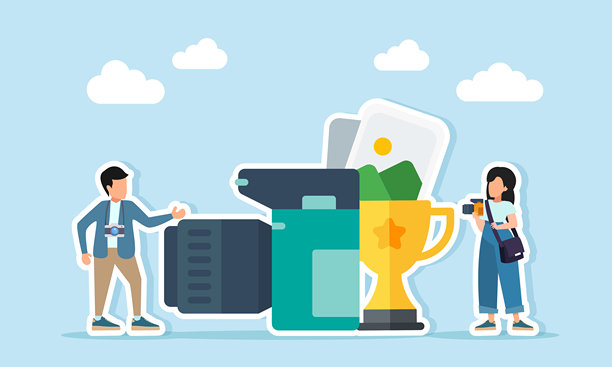 男性和女性摄影师在相机、奖杯和照片画册旁，展示摄影比赛获奖者的插图图片下载