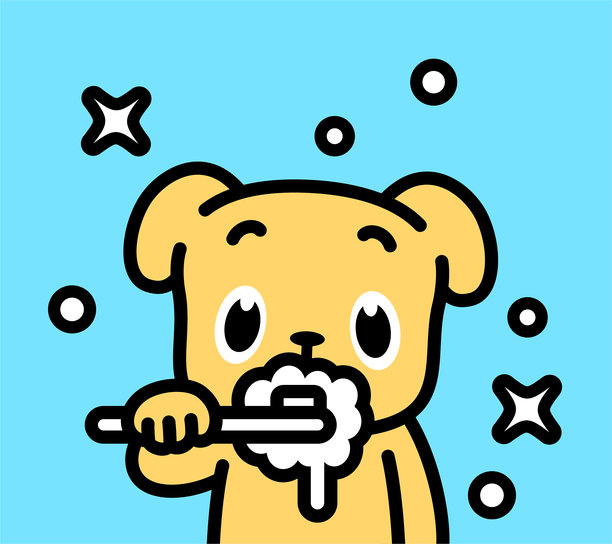 一只可爱的狗狗在刷牙，正看着观众。正面视角，黑色轮廓，平面色彩，极简风格。图片下载