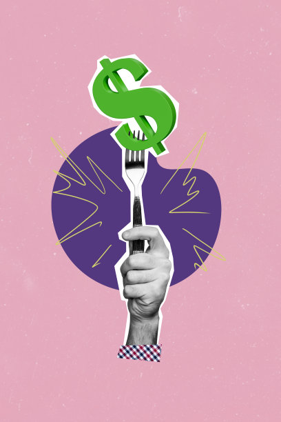 人手竖向照片拼贴，叉子、美元符号、货币收入、贫穷、破产、饥饿的商业元素，背景为涂鸦风格。图片下载