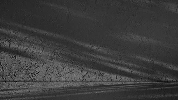 这张图片展示了一面混凝土质感的深黑色墙壁和地面，柔和的树叶阴影图案投射在其上。图片下载