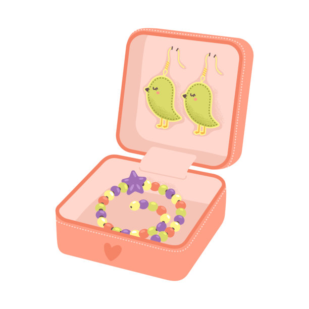 儿童首饰盒，内含绿色鸟形耳环和彩色珠子手链。儿童首饰存储。矢量平面插图图片下载