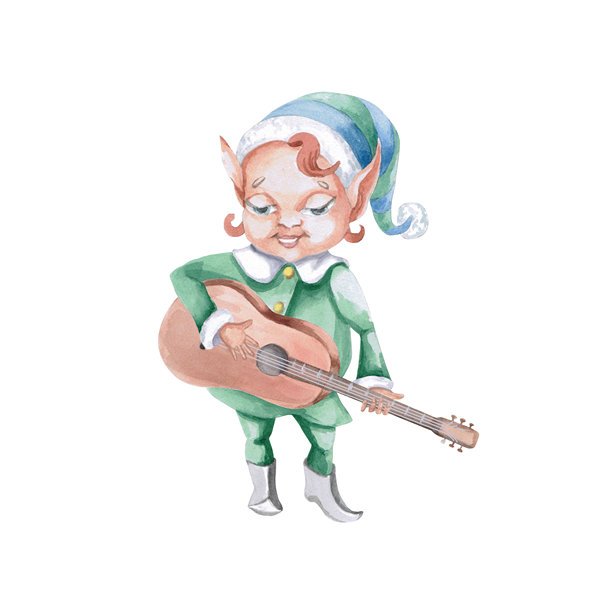可爱的圣诞精灵在弹吉他。孤立的水彩插图，适用于明信片、邀请函、海报印刷和新年室内装饰的童话角色设计。图片下载