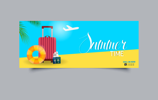 旅游海滩，夏季横幅或旅游旅行。行李和游泳圈。可编辑的图片。图片下载