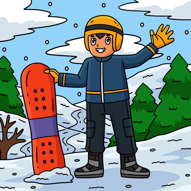 滑雪男孩手持滑雪板的彩色卡通图像图片下载