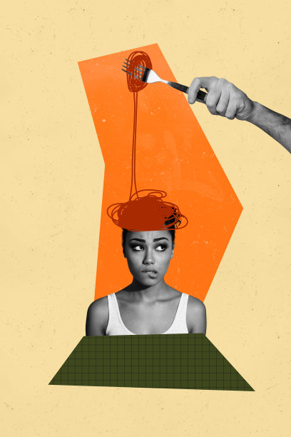 垂直艺术照片拼贴，快乐的女孩和男孩手持叉子，意大利面和假信息骗局，理发师图片下载