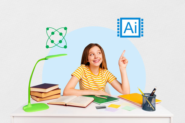 趋势复合素描模板 3D 照片拼贴，学生在课堂上学习，大学作业，年轻女孩坐着，手指竖起，人工智能学习书籍图片下载