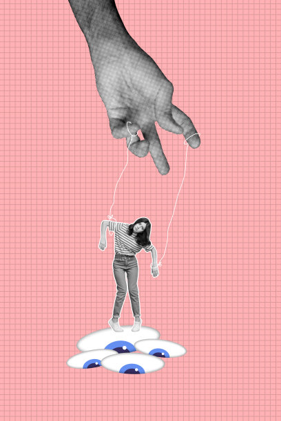 模板海报趋势艺术作品 3D 照片拼贴 巨大的手掌握住绳索 年轻女士沮丧地站着 眼睛注视着心理问题图片下载