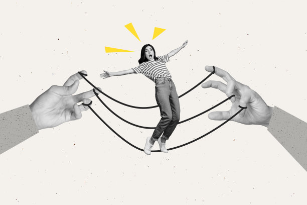 艺术图像：困惑无助女孩的完整照片拼贴，悬挂的绳索木偶，剥削概念，操纵者的手，贬低玩具。图片下载