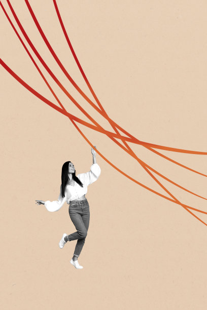海报草图图像艺术作品，3D照片拼贴，年轻女性时尚风格，站立，手握绳索，跨越障碍，HR工作空间，职业商务图片下载