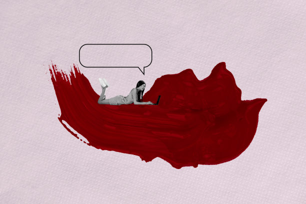 趋势艺术横幅草图 3D 照片拼贴年轻女士躺着使用笔记本电脑，聊天气泡，色彩湿润的笔触，水粉画图案图片下载