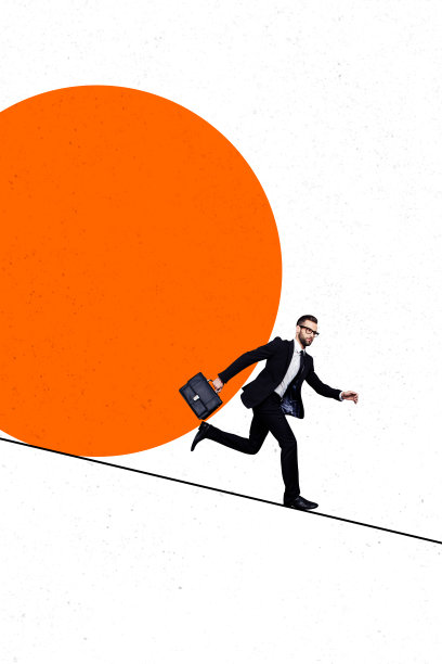 年轻男子匆忙奔跑在专业空缺办公室经理招聘的方向上的复合3D照片拼贴设计趋势草图图片下载