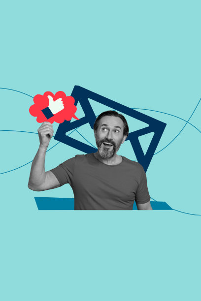 趋势艺术作品复合横幅 3D 照片拼贴，博客关注在线聊天媒体，微笑的老年人手持点赞图标和电子邮件信件，留白空间图片下载