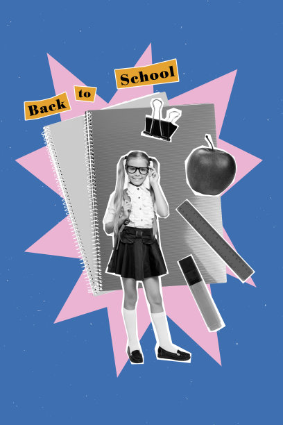 趋势艺术作品合成横幅 3D 照片拼贴，穿着校服的女孩微笑，手持笔记本和苹果，迎接返校季节，九月秋季。图片下载