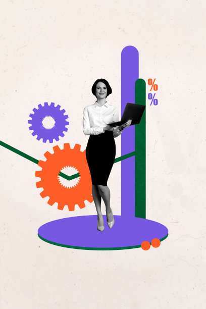 趋势艺术横幅草图照片拼贴，年轻女士站立，手持笔记本电脑，齿轮和百分比上升图形，分析商业成功目标。图片下载