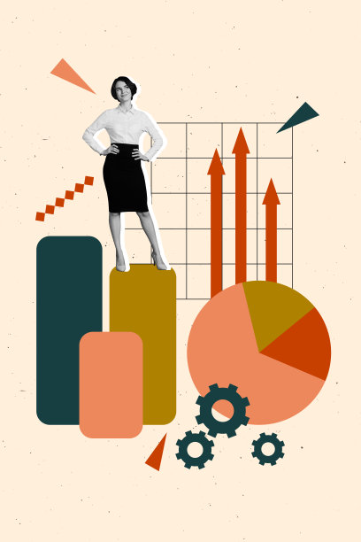 趋势艺术创意草图 3D 照片拼贴 钱币 交易 外汇 收入 财务 年轻女商人 站在方块图表箭头交易者旁边图片下载