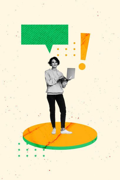 时尚艺术创意竖版照片拼贴，快乐女孩手持笔记本电脑，打字聊天气泡通知文本框，感叹号图片下载