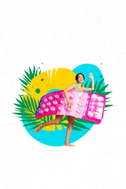 年轻女士在度假夏季中，手持漂浮游泳工具，做出问候手势的3D照片拼贴草图设计。图片下载