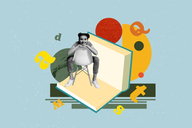 流行艺术风格的完整杂志照片拼贴，快乐的女孩和男孩站在图书馆，书籍堆叠，学术教育，学习者，字母，词汇，百科全书图片下载