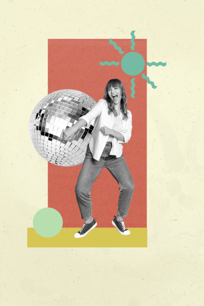 艺术图像，垂直照片拼贴，快乐的女孩和男孩在复古场合下跳舞，迪斯科球庆祝，轻松的夜总会氛围。图片下载