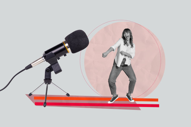 时尚艺术创意全彩杂志照片拼贴，快乐的女孩和男孩在周末卡拉OK活动中跳舞，采访表演，轻松播客图片下载