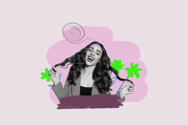 时尚艺术创意全彩杂志照片拼贴，快乐女孩，魅力女孩，洋甘菊花盛开，春季庆祝节日图片下载