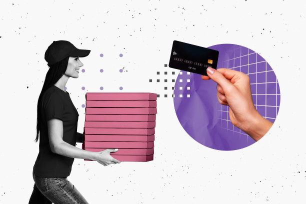 年轻女士微笑着手持信用卡，手中握着一堆购物包裹，展示在线订单无现金支付的趋势照片拼贴。图片下载