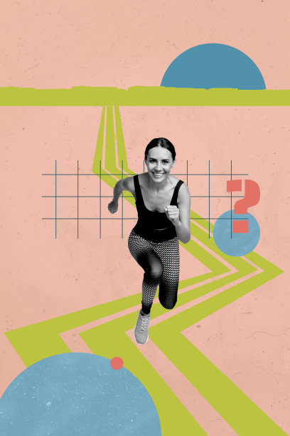 快乐的女商人与男商人在发展道路上站立的现代照片拼贴，带有问号和战略元素图片下载