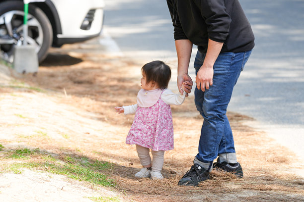 日本家庭在初春的城镇散步：一对三十多岁的父母和他们一岁的女儿。温馨的日常时刻，城市环境中的专业家庭照片。图片下载