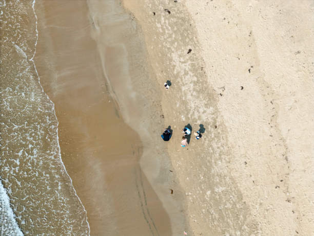 福冈海滩的航拍照片，面向日本海，展示了一家日本家庭，包含一个6个月大的婴儿，一个1岁大的婴儿，一个3岁的小女孩，以及30多岁的父母。家庭摄影。图片下载