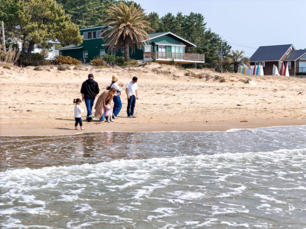 福冈海滩的航拍照片，面向日本海，展示了一家日本家庭，包含一个6个月大的婴儿，一个1岁大的婴儿，一个3岁的小女孩，以及30多岁的父母。家庭摄影。图片下载