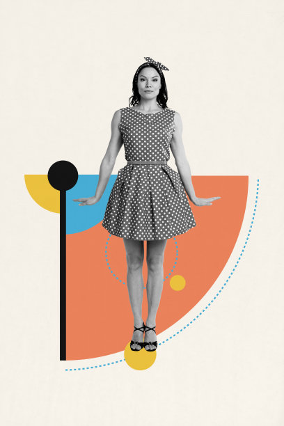 趋势艺术作品 3D 照片拼贴，年轻女性穿着复古风格的圆点印花连衣裙，头戴发带，模特摆姿势，站在几何元素旁边。图片下载