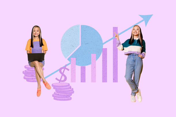 数据经济股票分析的复合3D照片拼贴趋势草图，两位年轻女性团队合作，使用笔记本电脑，周围有硬币、美元和增长箭头。图片下载