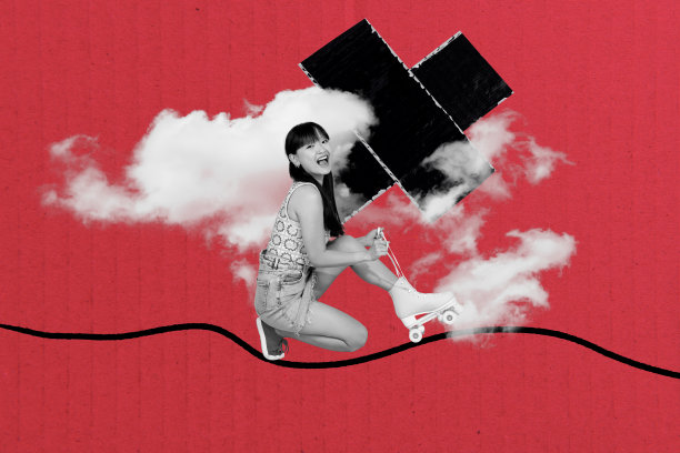 创意3D时尚照片拼贴，快乐的嬉皮女孩穿着滑轮溜冰鞋，站在小路上，享受夏季休闲活动。图片下载