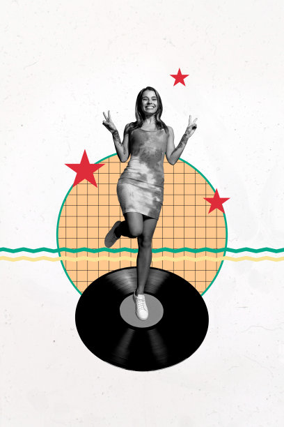 年轻女士的素描模板设计，手势舞蹈，唱片，休闲娱乐，夜总会休息时的照片拼贴。图片下载