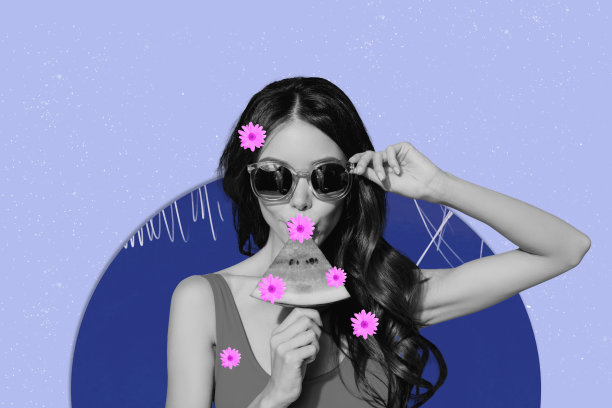 时尚艺术创意全彩杂志照片拼贴，快乐女孩，魅力女孩，洋甘菊花盛开，春季庆祝节日图片下载