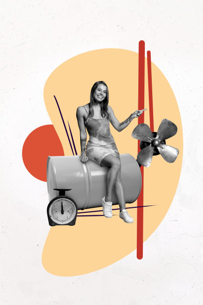 趋势模板草图设计 3D 照片拼贴，展示化石资源、油桶、年轻女性微笑坐着，手指指向发动机通风器图片下载