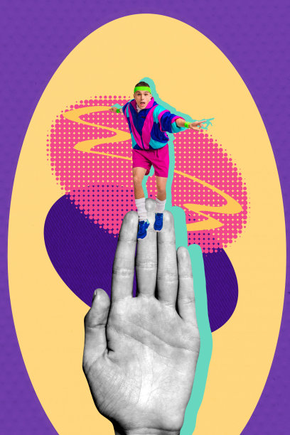 潮流艺术横幅草图 3D 照片拼贴，手势符号身体语言，年轻男子穿着复古运动服在路上行走，手势为停止。图片下载